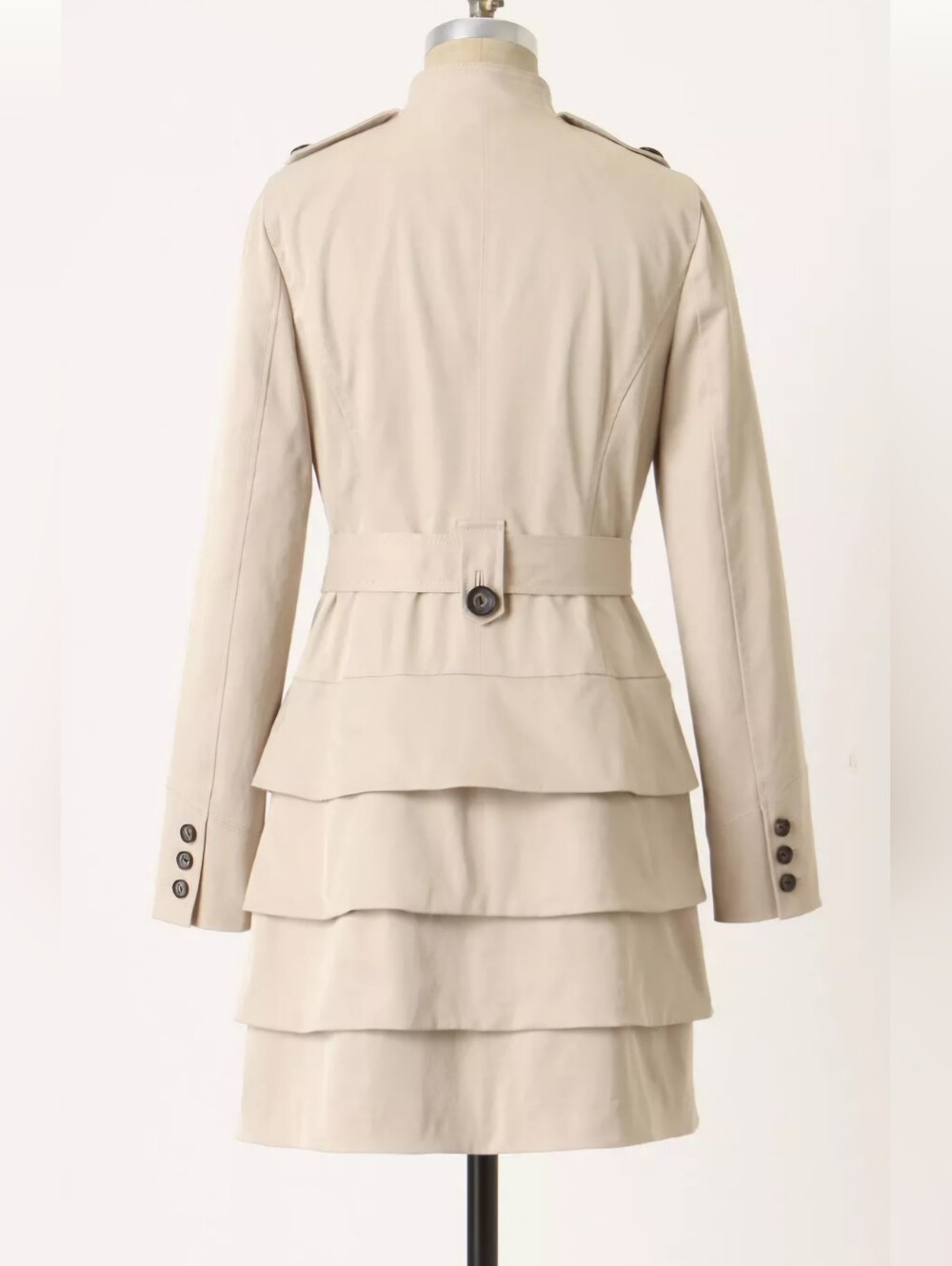 Anthropologie Idra Beige Belted Tiered Trench Coat Classic Chic Luxury Jacket - Picture 3 of 10